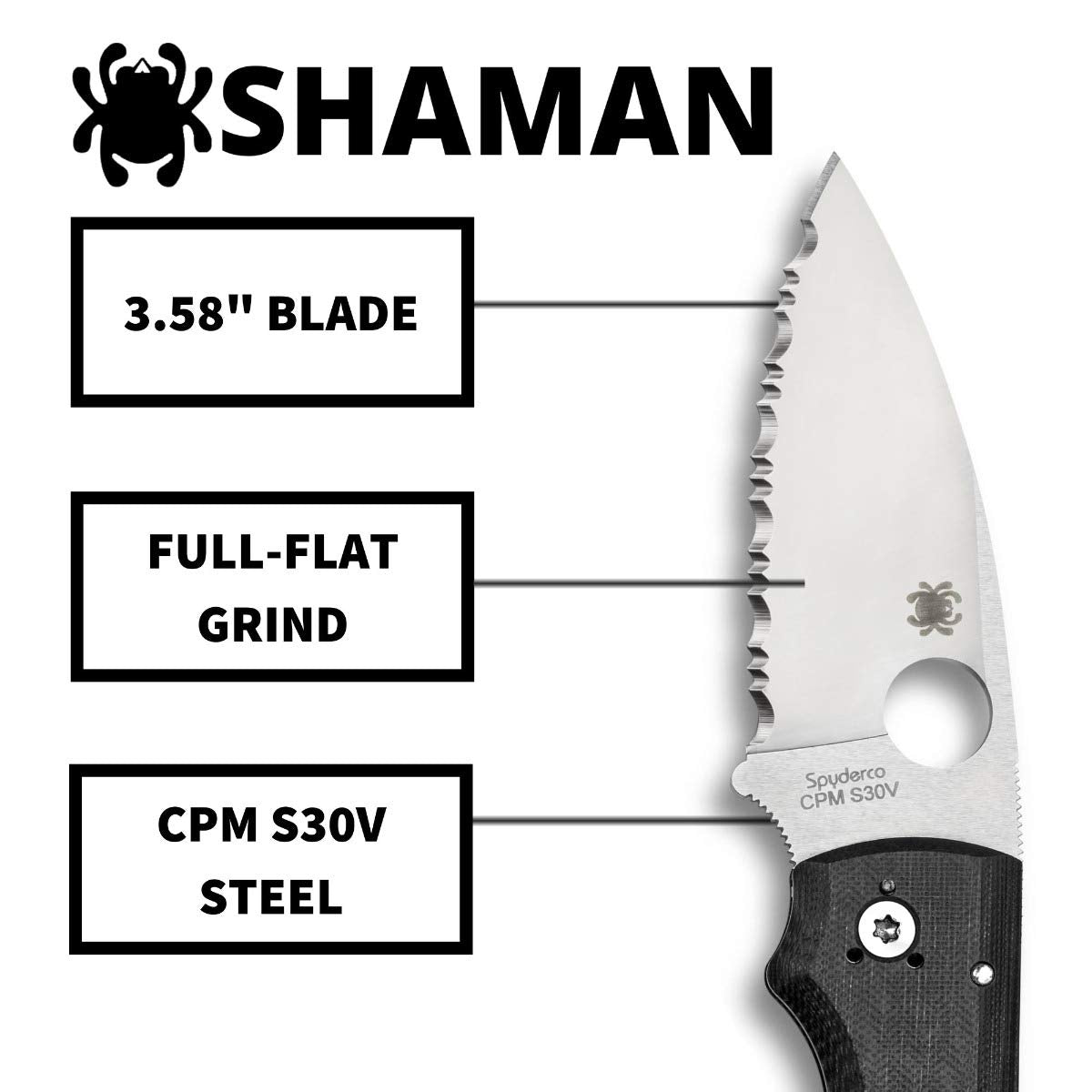 Spyderco Shaman, Black G-10 / Stonewash CPM-S30V, Serrated - C229GS