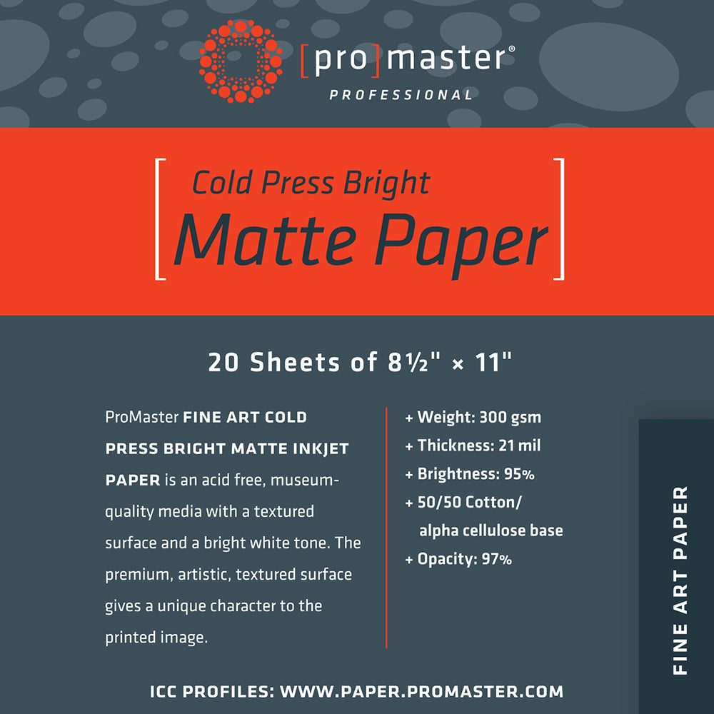 Promaster Fine Art Cold Press Bright Matte Paper 13"x19"-20 Sheets