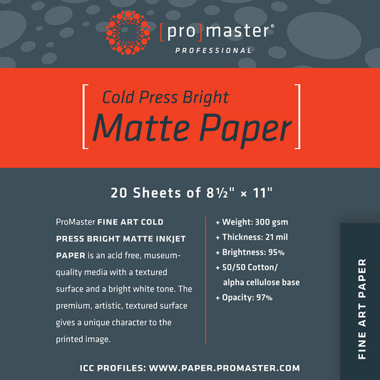 Promaster Fine Art Cold Press Bright Matte Paper 13"x19"-20 Sheets