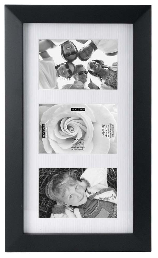 Malden Berkeley Matted Black Wood Collage Picture Frame, 3 Opening, 3-4x6, Black